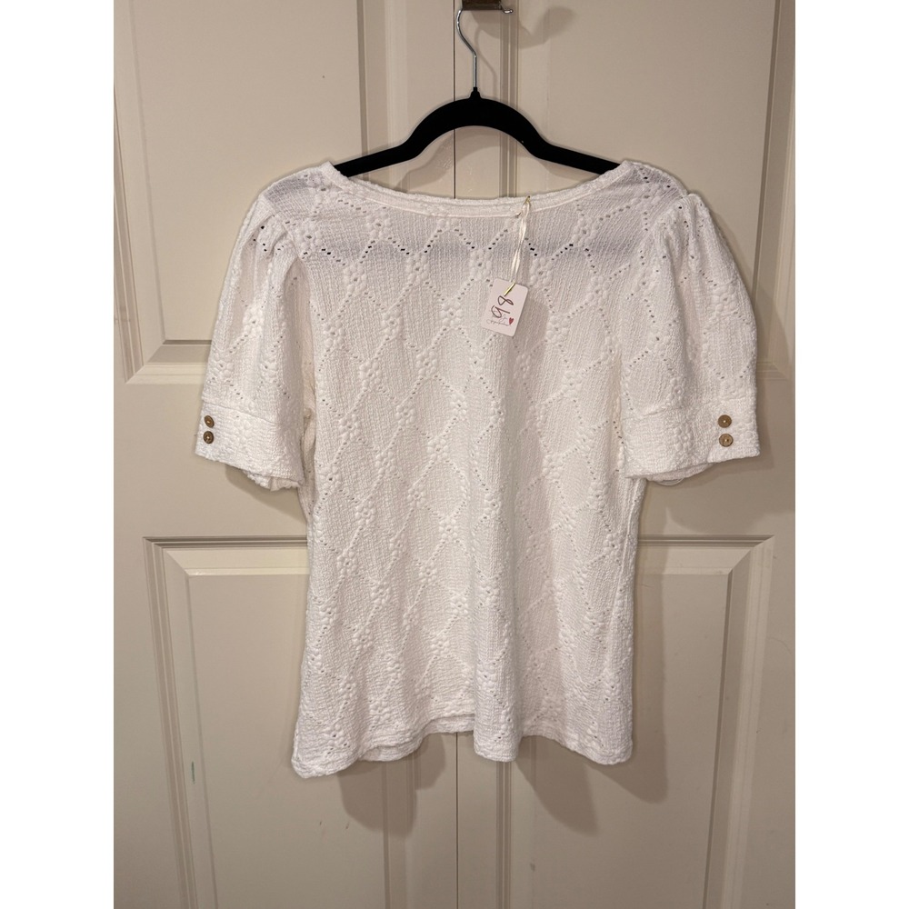 White Eyelet Diamond Knit Puff Sleeve Top with Button Detail Size M